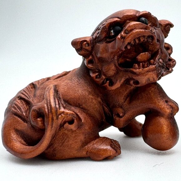 Ojime Netsuke 2 Foo Dog Lion Figurines Hand-Carved Boxwood Signed No Hole #2.3 - Picture 6 of 9